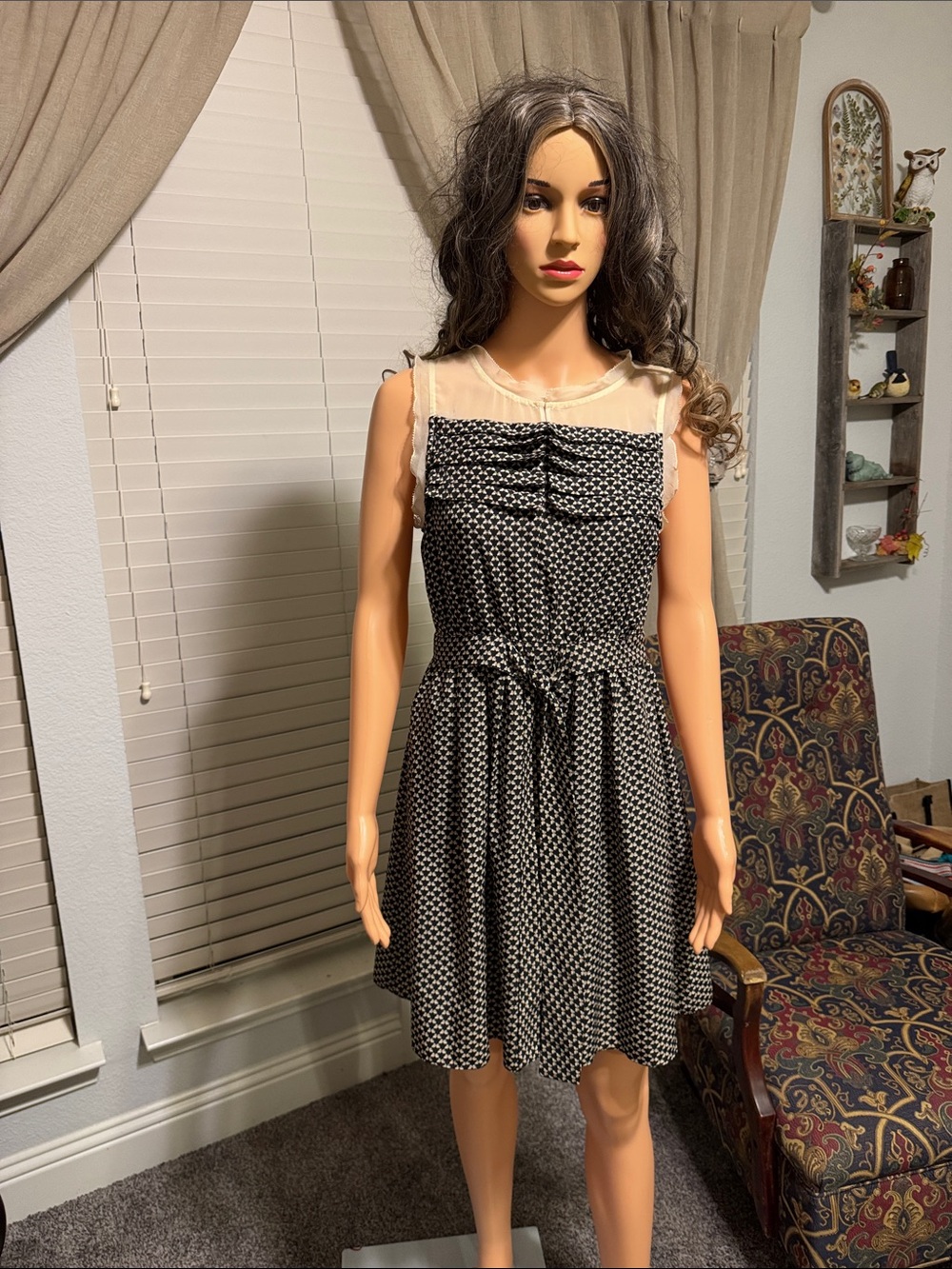 Esley Black and Cream Polka-Print Waist-Tie Mini Dress